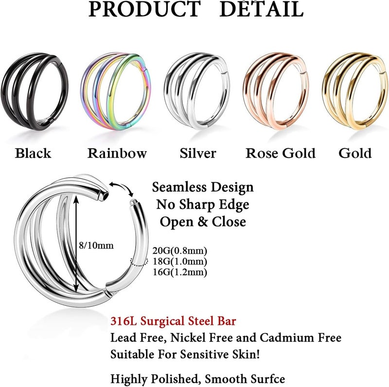 FUNLMO Store 316L Surgical Steel Nose Hoop Septum Conch Piercing Jewelry Cartilage Daith Helix Tragus Rook Lobe Earring Triple/Double Nose Lip Ring 20G 18G 16G - Image 2